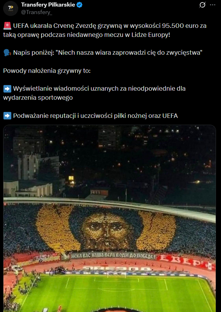 HIT! Oto GRZYWNA dla Crveny Zvezdy za religijną oprawę!